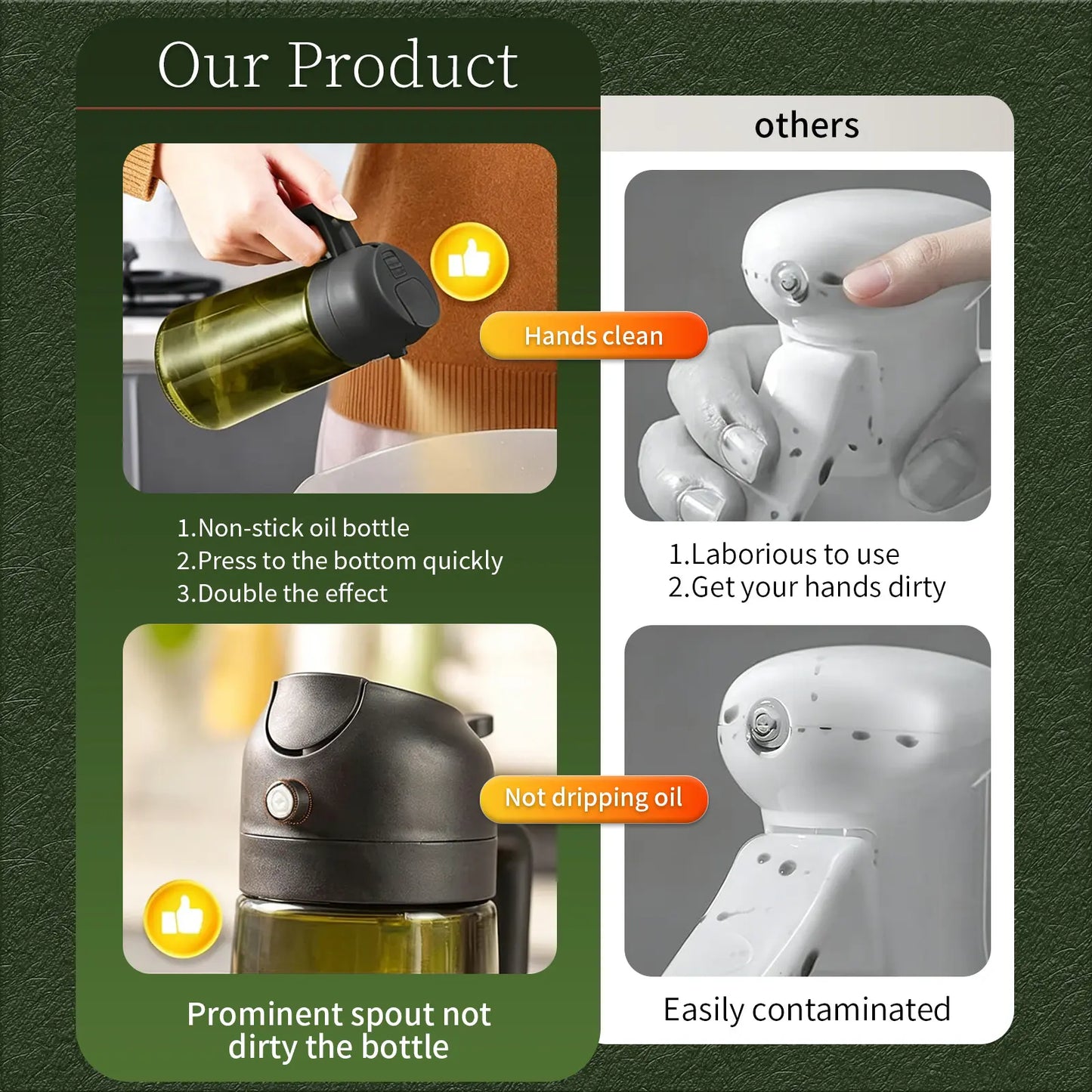 DGAPHRO Cooking Oil Container, 16Oz Light-Blocking Tinted Bpa-Free Glass Sprayer with 2-In-1 Dual Dispensing for Air Fryer & Healthier Cooking (Black), Precision Spray Nozzle, Preserve Freshness, Glass Olive Oil Sprayer, Oil Mister Spray Bottle for Cookin