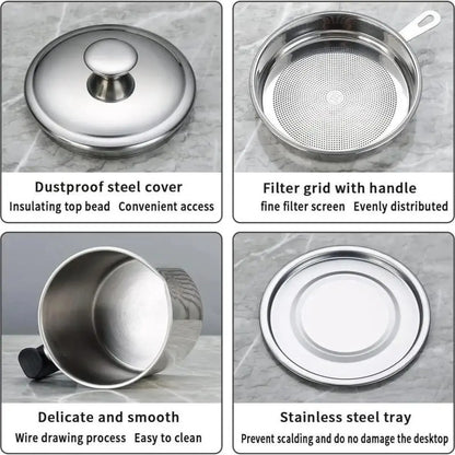Modern Stainless Steel Oil Dispenser with Tray and Lid, Includes Filter - Versatile Bacon Grease Container and Cooking Oil Can for Kitchen Use