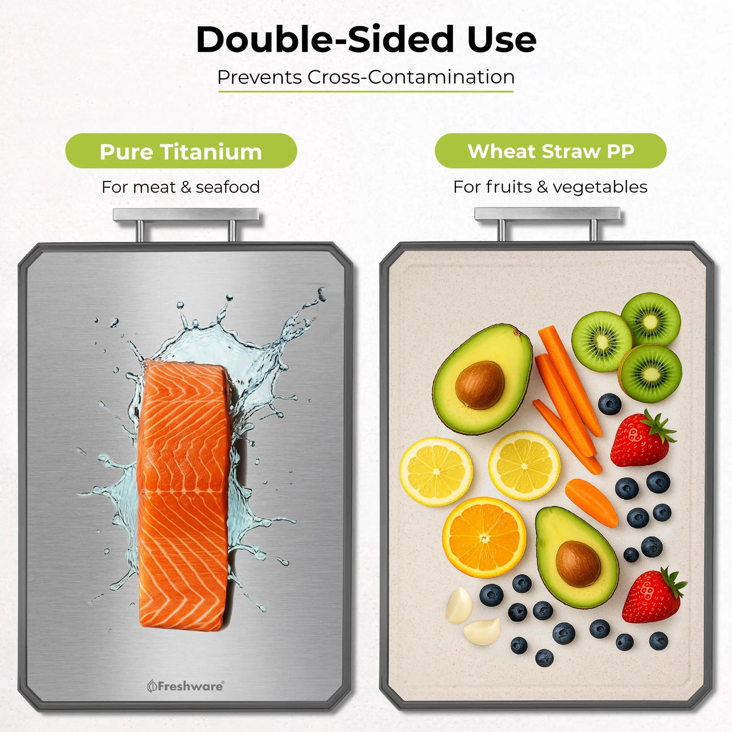 FRESHWARE Durable Rectangular Chopping Board Set - 2-Piece Double-Sided Wheat Straw Boards, Dishwasher Safe, Medium (12.1”x8.3”) & Large (16.2”x11”) for Meat Preparation