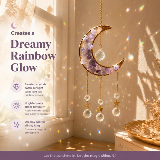 1 Pcs Handmade Amethyst Moon Frame Crystal Sun Catcher, Decorative Hanging Home Decor with Sunlight Light Refraction, Natural Rainbow & Dreamy Light Shadow Effect, Bless Gift for Indoor-Outdoor Use