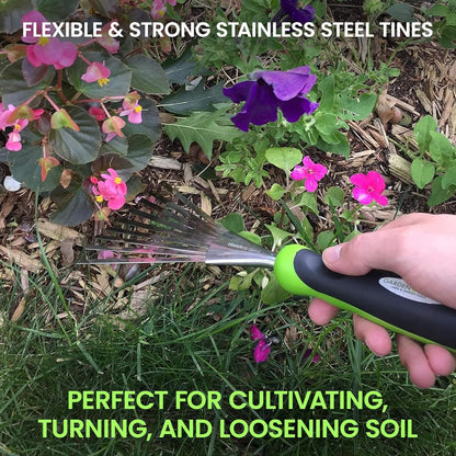 Garden Guru Stainless Steel Hand Rake and Soil Tiller with Ergonomic Handle for Efficient Gardening, Soil Cultivation, Mulch Spreading, and Flower Bed Raking