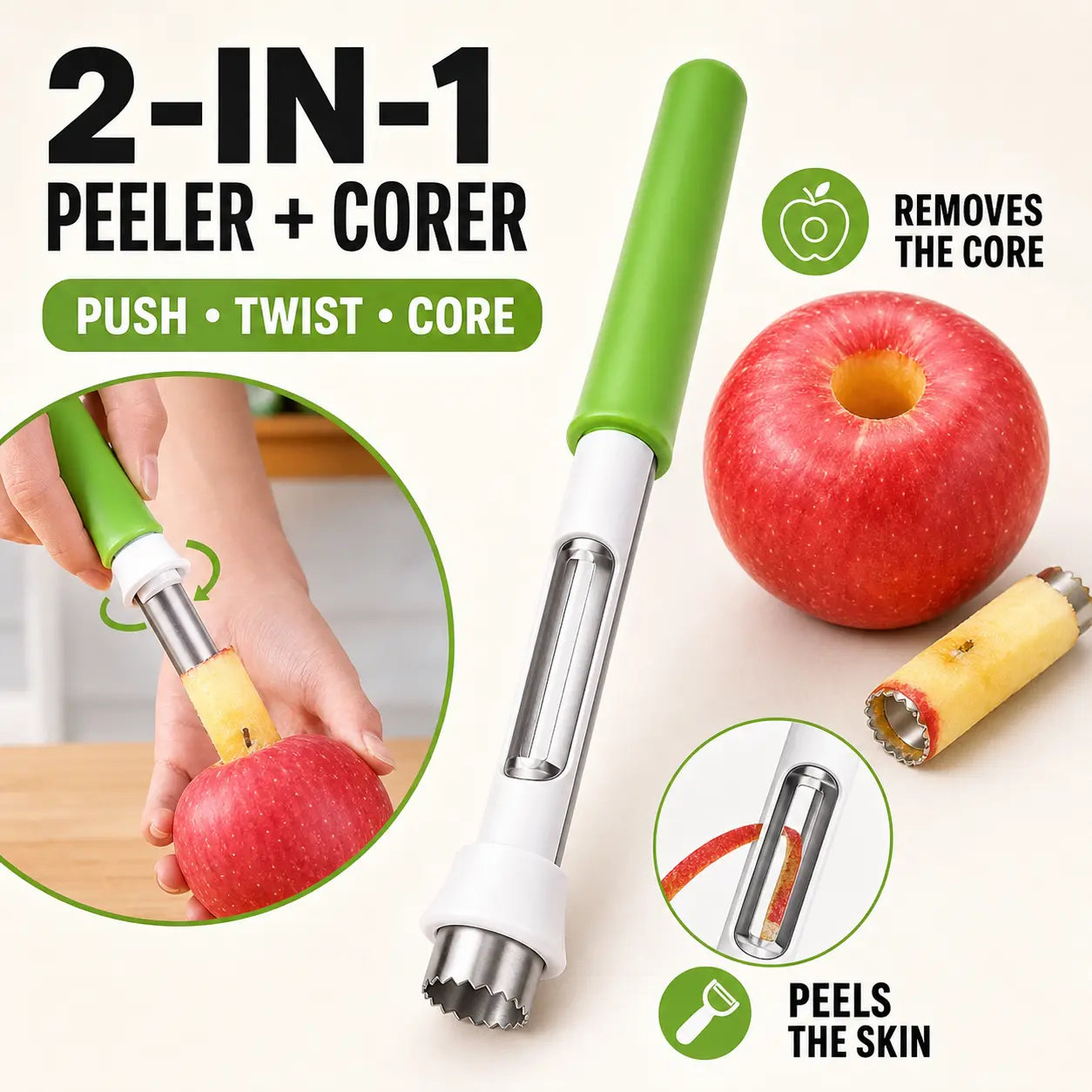2-In-1 Dual Function Kitchen Utensil, Stainless Steel Handheld Fruit Peeler & Apple Corer with Comfort Grip for Potatoes, Apples, Avocados, and Everyday Prep