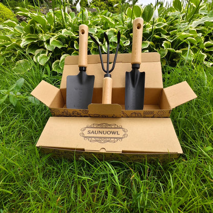 3 Piece Garden Tools Gift Minimalism Gardening Tool Set with Wood Handle, Succulent Plant Transplant Trowel, 3 Pieces Include 1 Narrow Trowel,1 Wide Trowel and 1 Garden Rake