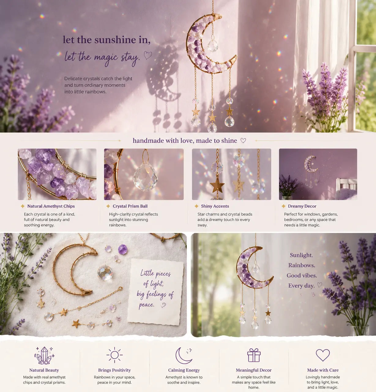 1 Pcs Handmade Amethyst Moon Frame Crystal Sun Catcher, Decorative Hanging Home Decor with Sunlight Light Refraction, Natural Rainbow & Dreamy Light Shadow Effect, Bless Gift for Indoor-Outdoor Use
