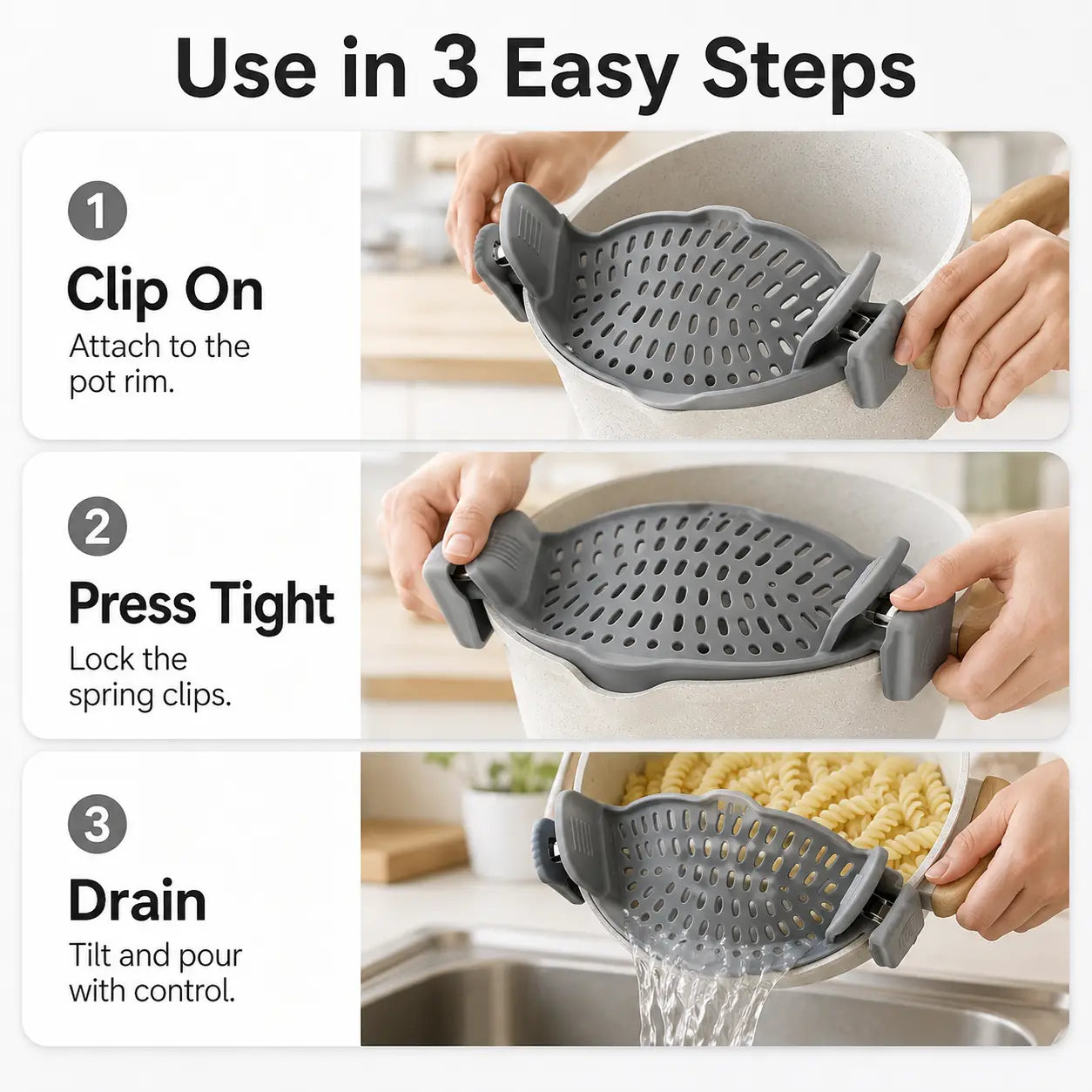 Silicone Clip-On Colander Pot Strainer for Pots Pans Bowls, Pasta Vegetable Clip-On Drainer Kitchen Strainer Tools