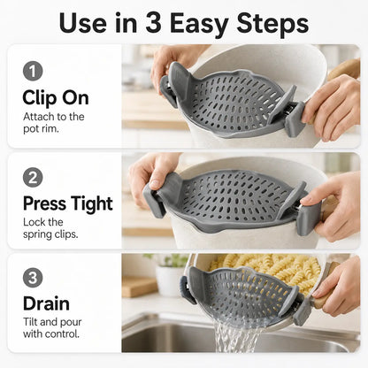 Silicone Clip-On Colander Pot Strainer for Pots Pans Bowls, Pasta Vegetable Clip-On Drainer Kitchen Strainer Tools