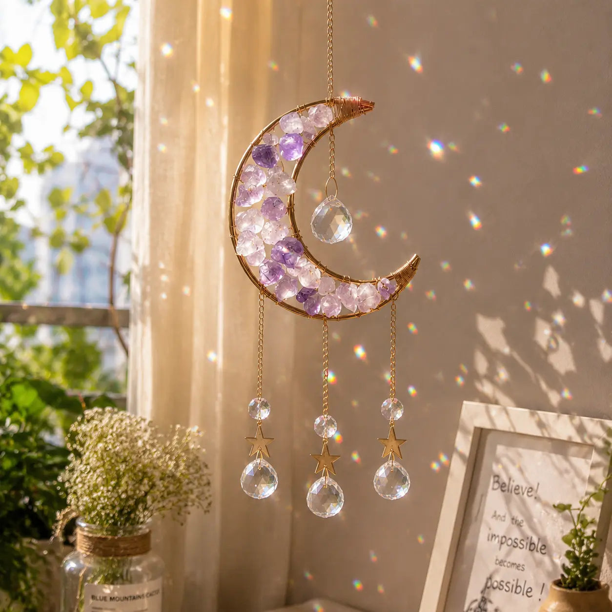 1 Pcs Handmade Amethyst Moon Frame Crystal Sun Catcher, Decorative Hanging Home Decor with Sunlight Light Refraction, Natural Rainbow & Dreamy Light Shadow Effect, Bless Gift for Indoor-Outdoor Use