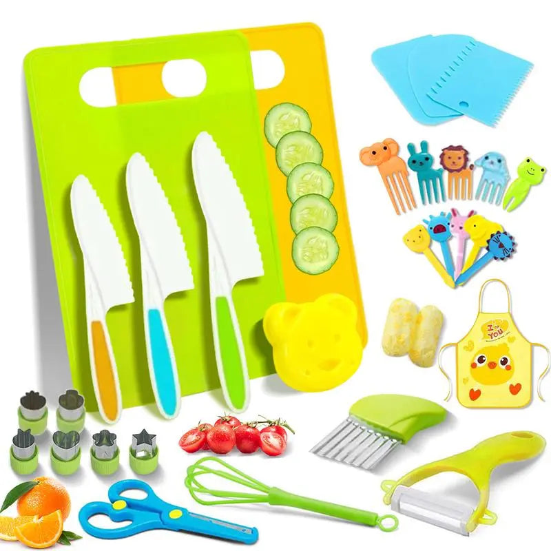 32-Piece Montessori Toddler Kitchen Knife Set - Safe Cooking Utensils for Ages 5-10, Complete Kitchen Gadgets and Sandwich Cutters, Practical Cooking Tools for Children, Perfect Holiday Gift for Boys and Girls