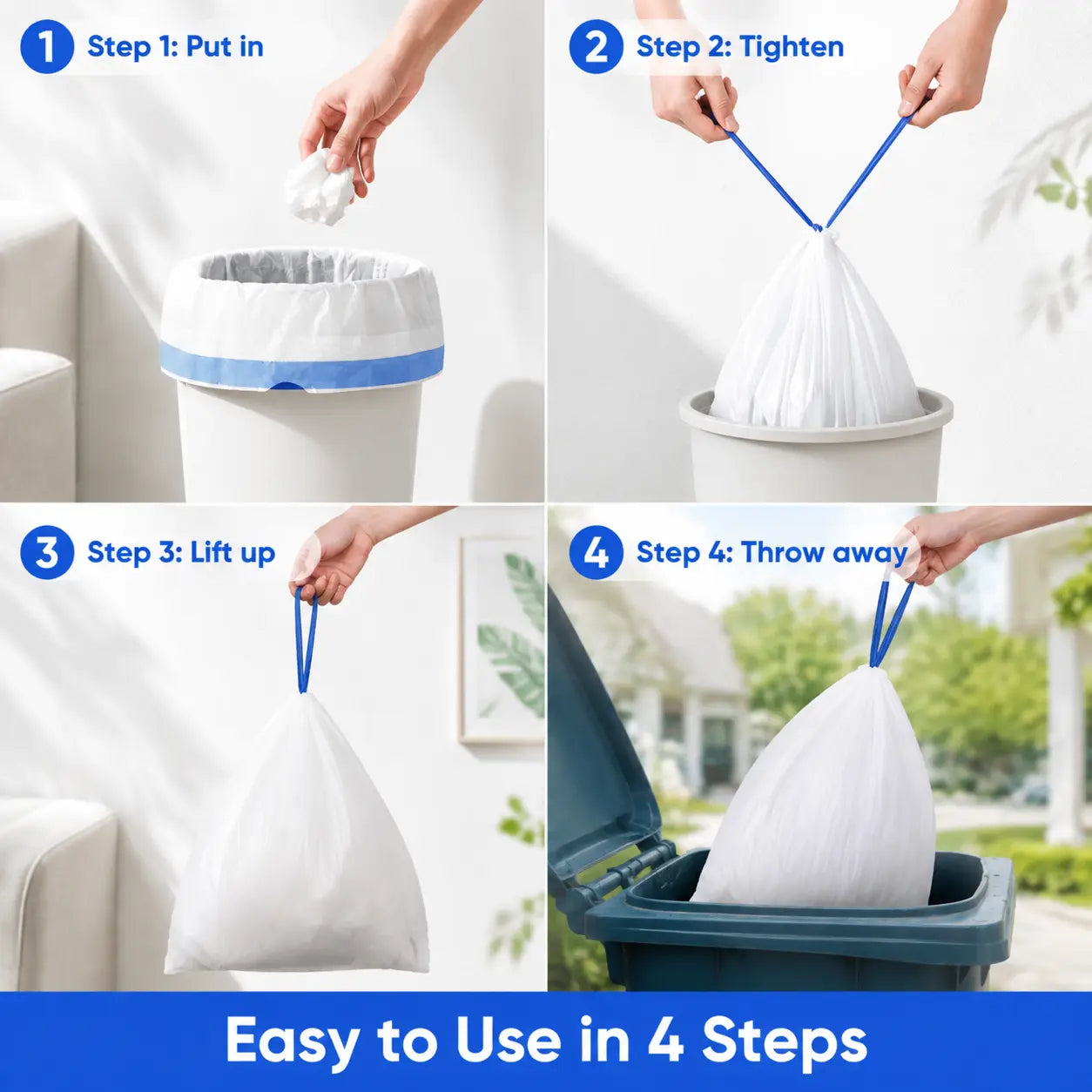 4-Gal Medium Drawstring Trash Bags, Thick Stretchy Leak-Proof Polyethylene Garbage Bags for Home & Office Trash Cans, 50-Count Pack