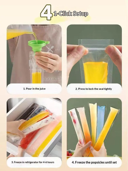 100-Pack Value Disposable Popsicle Mold Bags - Leakproof Zip-Seal Freezer Tubes with Silicone Funnel, Kitchen Utensil for Freezing Juice, Freezer Safe Lolly & Ice Cream Moulds