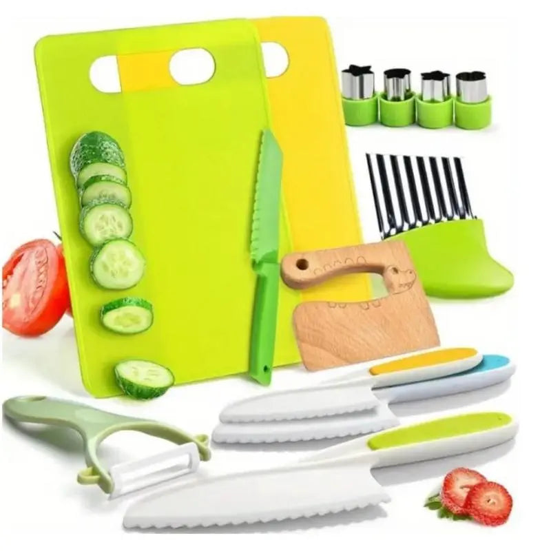 32-Piece Montessori Toddler Kitchen Knife Set - Safe Cooking Utensils for Ages 5-10, Complete Kitchen Gadgets and Sandwich Cutters, Practical Cooking Tools for Children, Perfect Holiday Gift for Boys and Girls