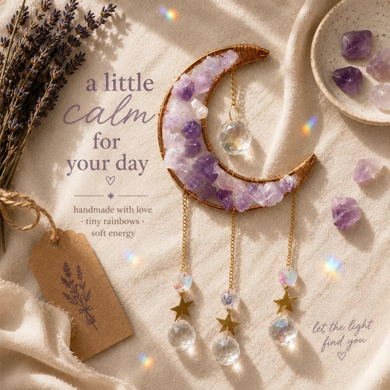 1 Pcs Handmade Amethyst Moon Frame Crystal Sun Catcher, Decorative Hanging Home Decor with Sunlight Light Refraction, Natural Rainbow & Dreamy Light Shadow Effect, Bless Gift for Indoor-Outdoor Use