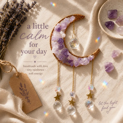 1 Pcs Handmade Amethyst Moon Frame Crystal Sun Catcher, Decorative Hanging Home Decor with Sunlight Light Refraction, Natural Rainbow & Dreamy Light Shadow Effect, Bless Gift for Indoor-Outdoor Use