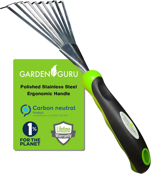 Garden Guru Stainless Steel Hand Rake and Soil Tiller with Ergonomic Handle for Efficient Gardening, Soil Cultivation, Mulch Spreading, and Flower Bed Raking