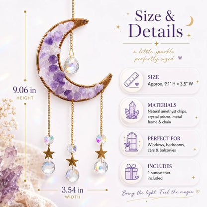 1 Pcs Handmade Amethyst Moon Frame Crystal Sun Catcher, Decorative Hanging Home Decor with Sunlight Light Refraction, Natural Rainbow & Dreamy Light Shadow Effect, Bless Gift for Indoor-Outdoor Use