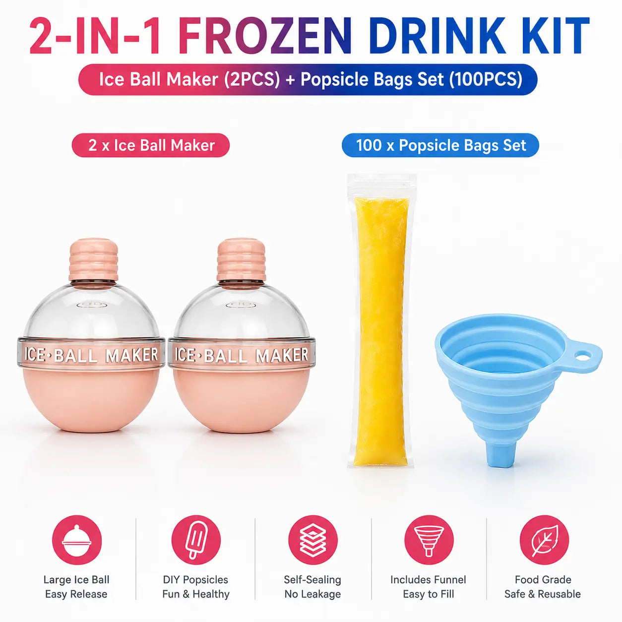 100-Pack Value Disposable Popsicle Mold Bags - Leakproof Zip-Seal Freezer Tubes with Silicone Funnel, Kitchen Utensil for Freezing Juice, Freezer Safe Lolly & Ice Cream Moulds