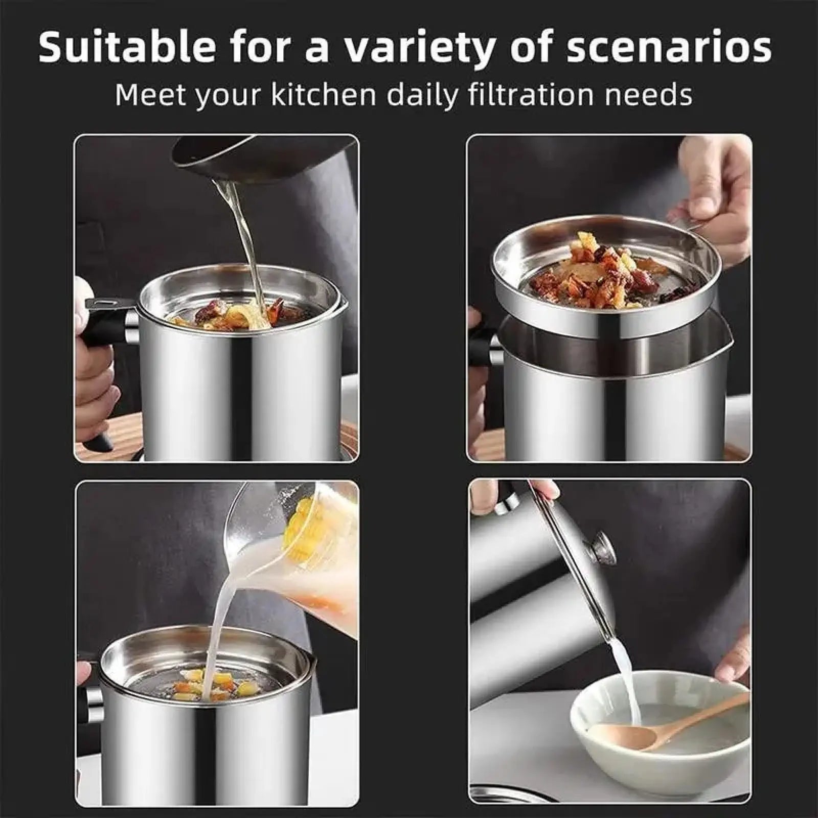 Modern Stainless Steel Oil Dispenser with Tray and Lid, Includes Filter - Versatile Bacon Grease Container and Cooking Oil Can for Kitchen Use