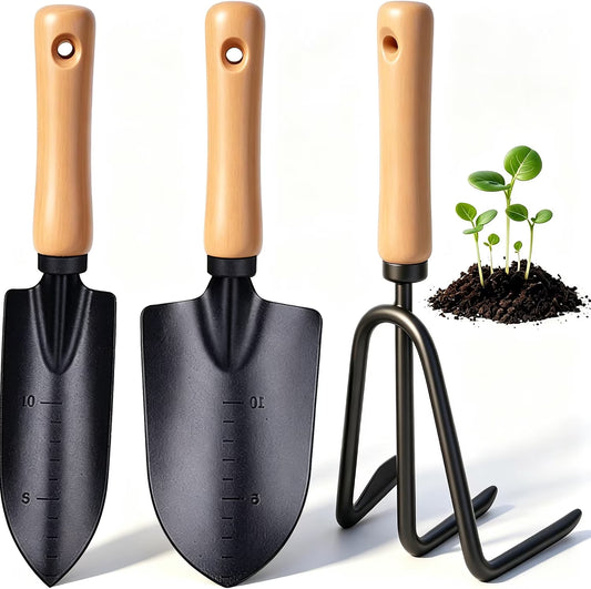 3 Piece Garden Tools Gift Minimalism Gardening Tool Set with Wood Handle, Succulent Plant Transplant Trowel, 3 Pieces Include 1 Narrow Trowel,1 Wide Trowel and 1 Garden Rake