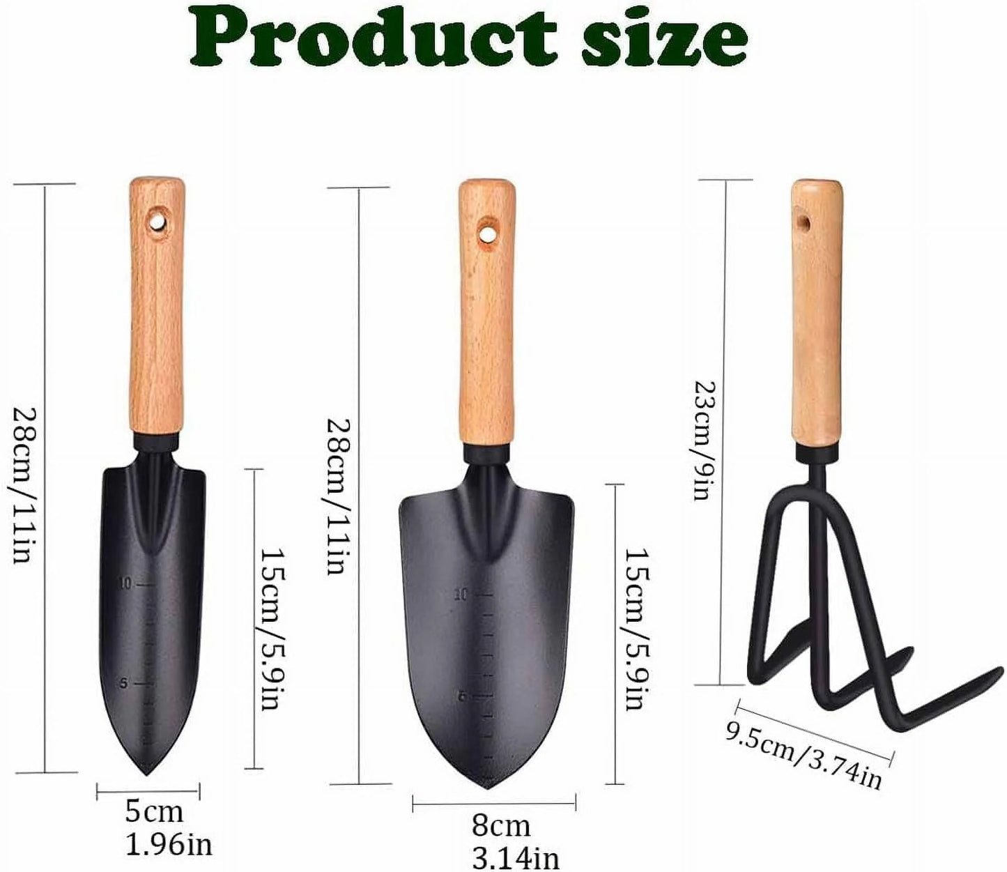 3 Piece Garden Tools Gift Minimalism Gardening Tool Set with Wood Handle, Succulent Plant Transplant Trowel, 3 Pieces Include 1 Narrow Trowel,1 Wide Trowel and 1 Garden Rake