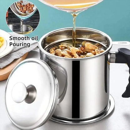 Modern Stainless Steel Oil Dispenser with Tray and Lid, Includes Filter - Versatile Bacon Grease Container and Cooking Oil Can for Kitchen Use