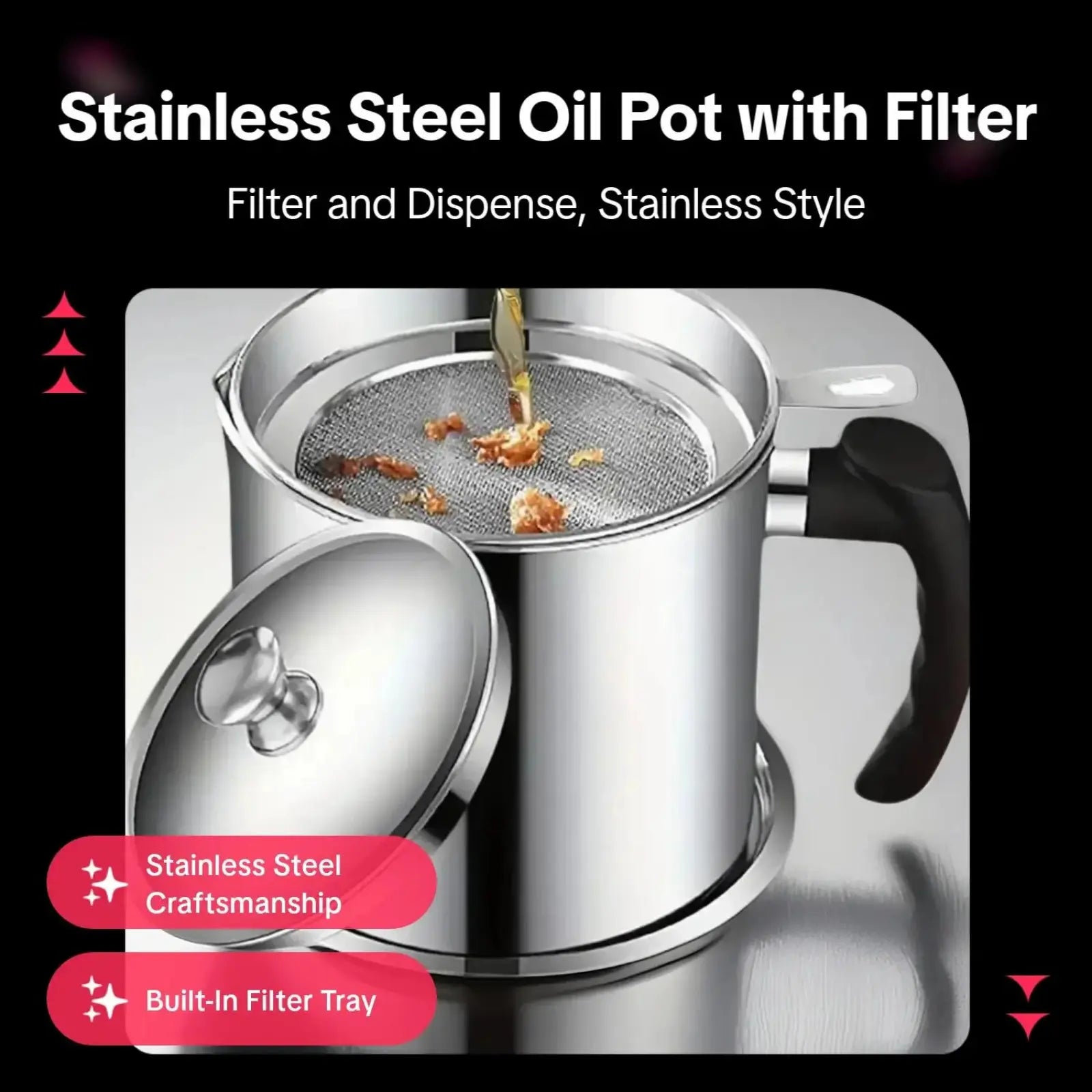 Modern Stainless Steel Oil Dispenser with Tray and Lid, Includes Filter - Versatile Bacon Grease Container and Cooking Oil Can for Kitchen Use