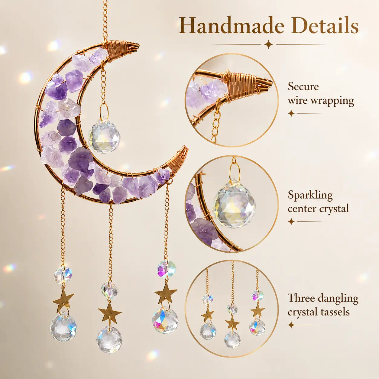 1 Pcs Handmade Amethyst Moon Frame Crystal Sun Catcher, Decorative Hanging Home Decor with Sunlight Light Refraction, Natural Rainbow & Dreamy Light Shadow Effect, Bless Gift for Indoor-Outdoor Use