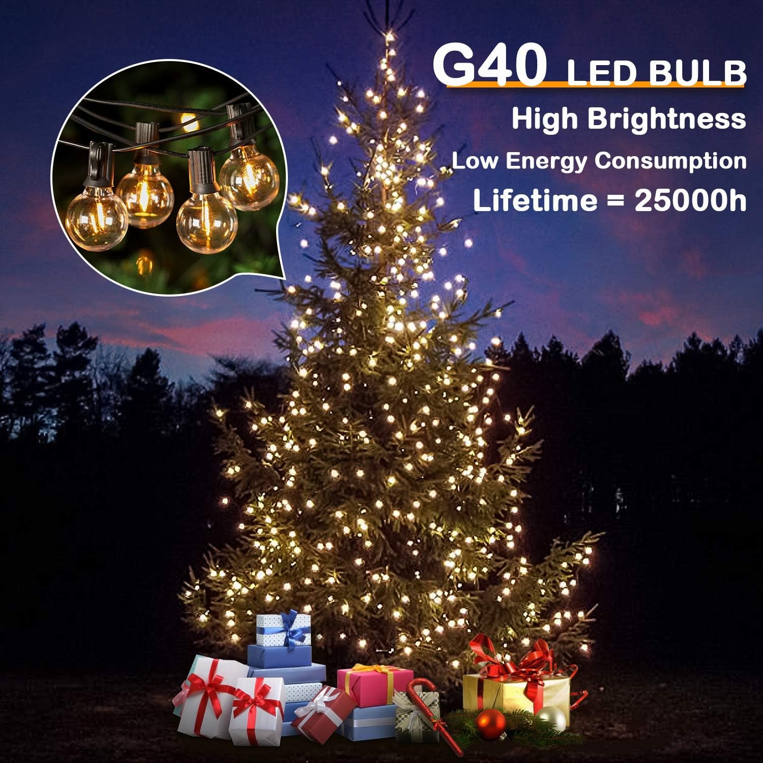 50FT LED G40 Globe String Lights with 50+2 Dimmable Edison Bulbs | Shatterproof Outdoor Patio String Lights, Backyard Hanging Bistro Light Waterproof for Balcony Party Wedding Market Cafe