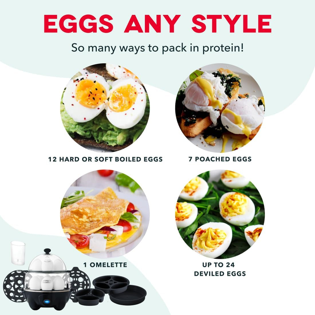 Deluxe Egg Cooker, 12 Hard Boiled Eggs, Black | Electric Double Decker Egg Poacher, Steamer & Omelette Maker Machine, Soft or Poached Eggs, Auto Shut-Off, Bpa-Free