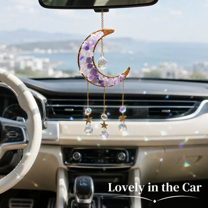 1 Pcs Handmade Amethyst Moon Frame Crystal Sun Catcher, Decorative Hanging Home Decor with Sunlight Light Refraction, Natural Rainbow & Dreamy Light Shadow Effect, Bless Gift for Indoor-Outdoor Use