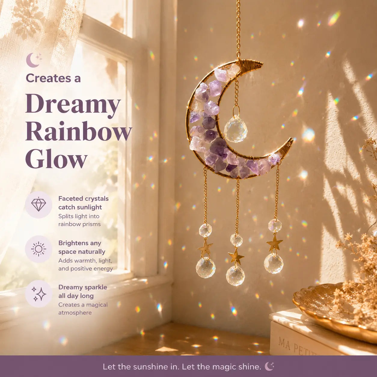 1 Pcs Handmade Amethyst Moon Frame Crystal Sun Catcher, Decorative Hanging Home Decor with Sunlight Light Refraction, Natural Rainbow & Dreamy Light Shadow Effect, Bless Gift for Indoor-Outdoor Use