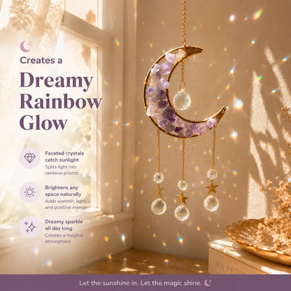 1 Pcs Handmade Amethyst Moon Frame Crystal Sun Catcher, Decorative Hanging Home Decor with Sunlight Light Refraction, Natural Rainbow & Dreamy Light Shadow Effect, Bless Gift for Indoor-Outdoor Use