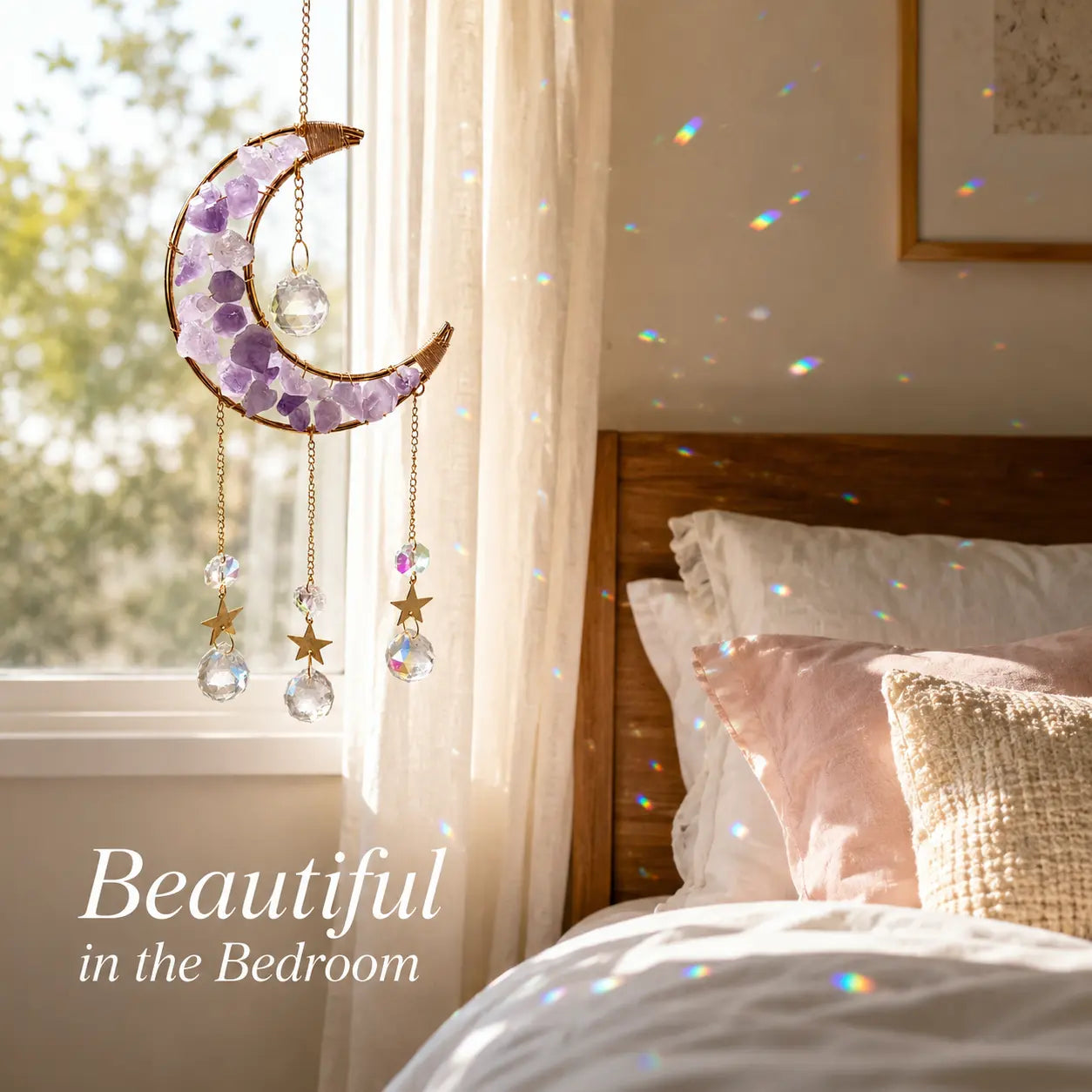 1 Pcs Handmade Amethyst Moon Frame Crystal Sun Catcher, Decorative Hanging Home Decor with Sunlight Light Refraction, Natural Rainbow & Dreamy Light Shadow Effect, Bless Gift for Indoor-Outdoor Use