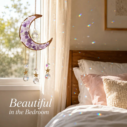 1 Pcs Handmade Amethyst Moon Frame Crystal Sun Catcher, Decorative Hanging Home Decor with Sunlight Light Refraction, Natural Rainbow & Dreamy Light Shadow Effect, Bless Gift for Indoor-Outdoor Use