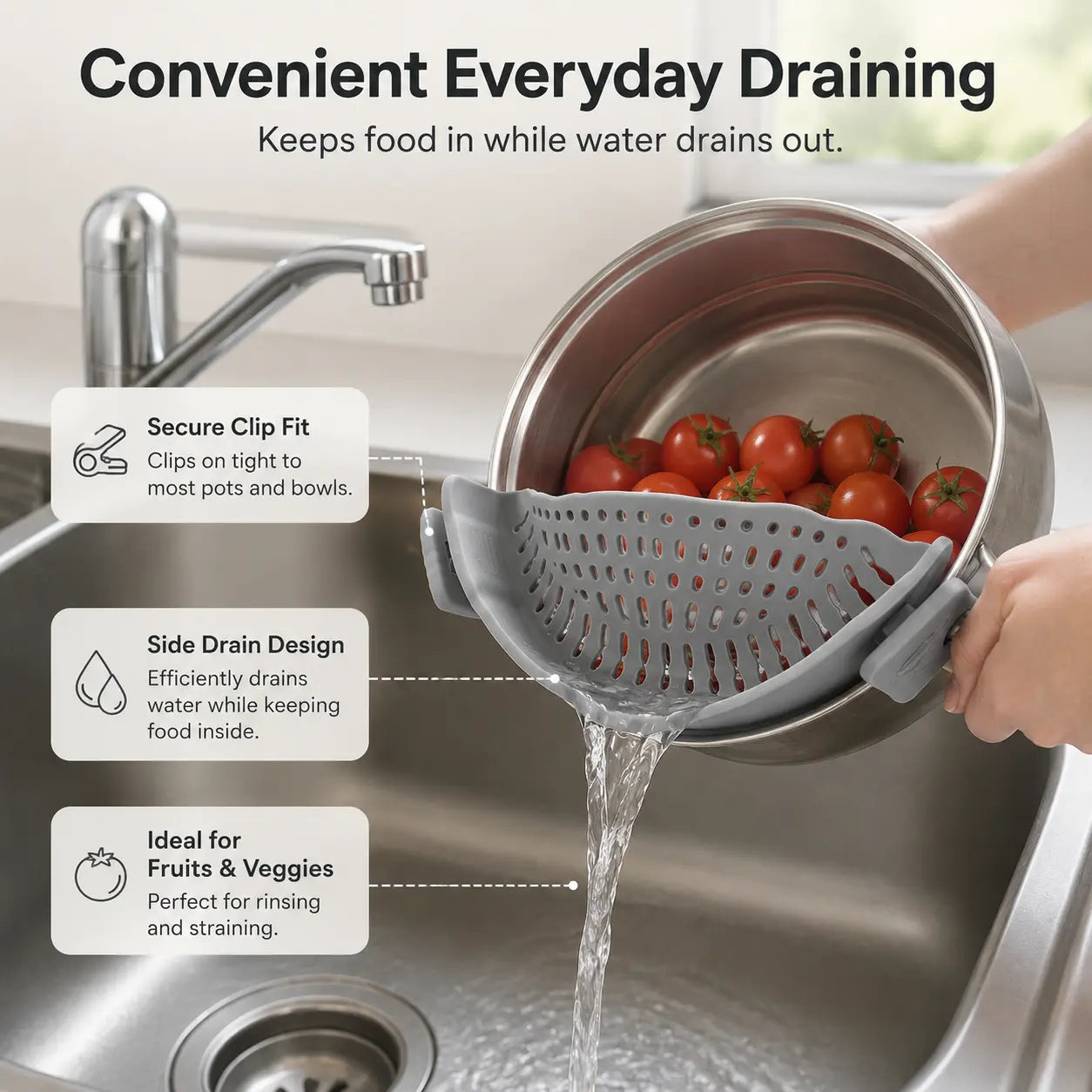 Silicone Clip-On Colander Pot Strainer for Pots Pans Bowls, Pasta Vegetable Clip-On Drainer Kitchen Strainer Tools
