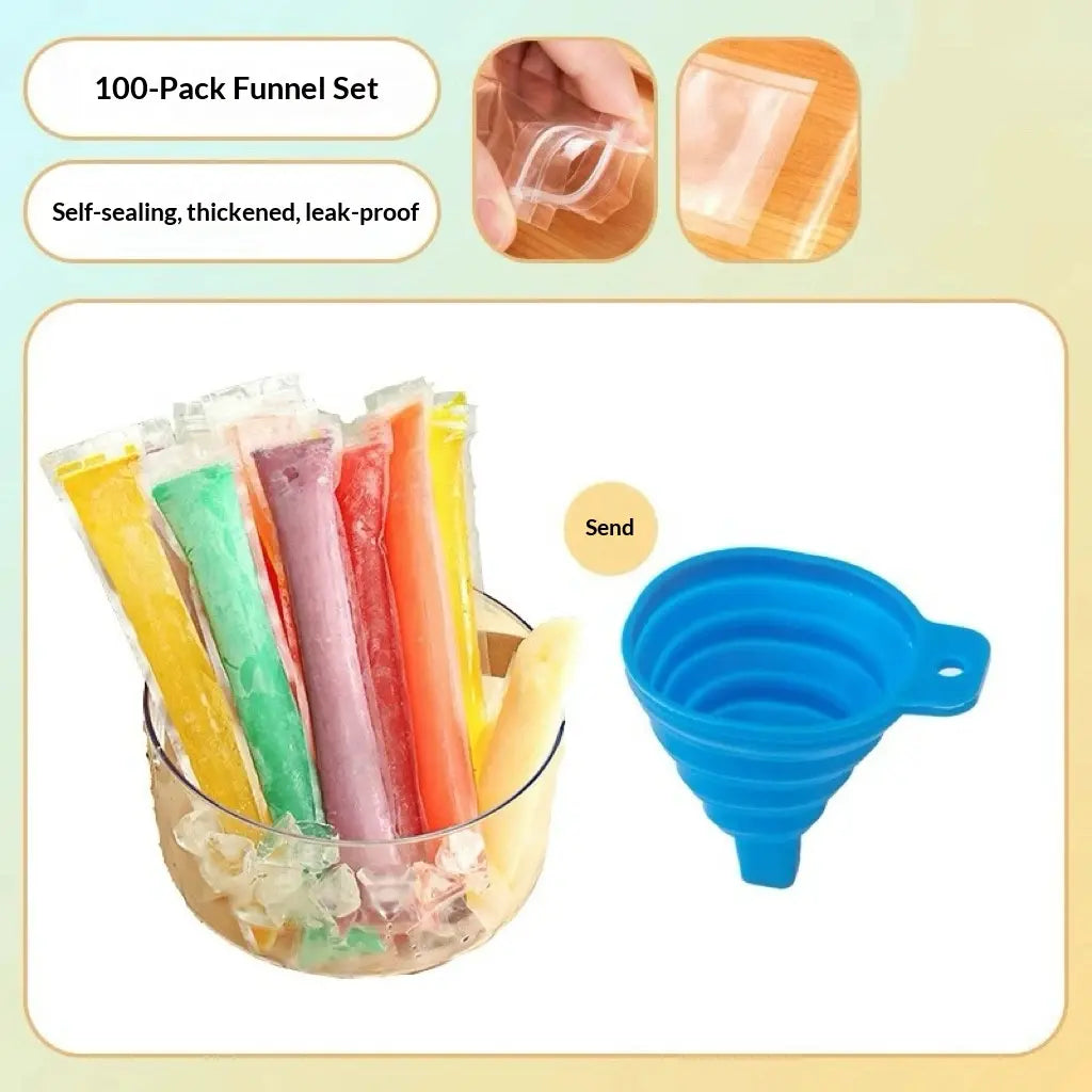 100-Pack Value Disposable Popsicle Mold Bags - Leakproof Zip-Seal Freezer Tubes with Silicone Funnel, Kitchen Utensil for Freezing Juice, Freezer Safe Lolly & Ice Cream Moulds
