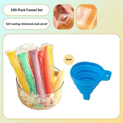 100-Pack Value Disposable Popsicle Mold Bags - Leakproof Zip-Seal Freezer Tubes with Silicone Funnel, Kitchen Utensil for Freezing Juice, Freezer Safe Lolly & Ice Cream Moulds