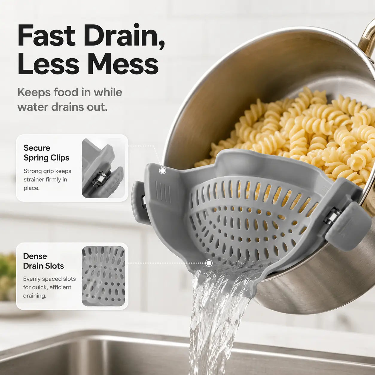 Silicone Clip-On Colander Pot Strainer for Pots Pans Bowls, Pasta Vegetable Clip-On Drainer Kitchen Strainer Tools
