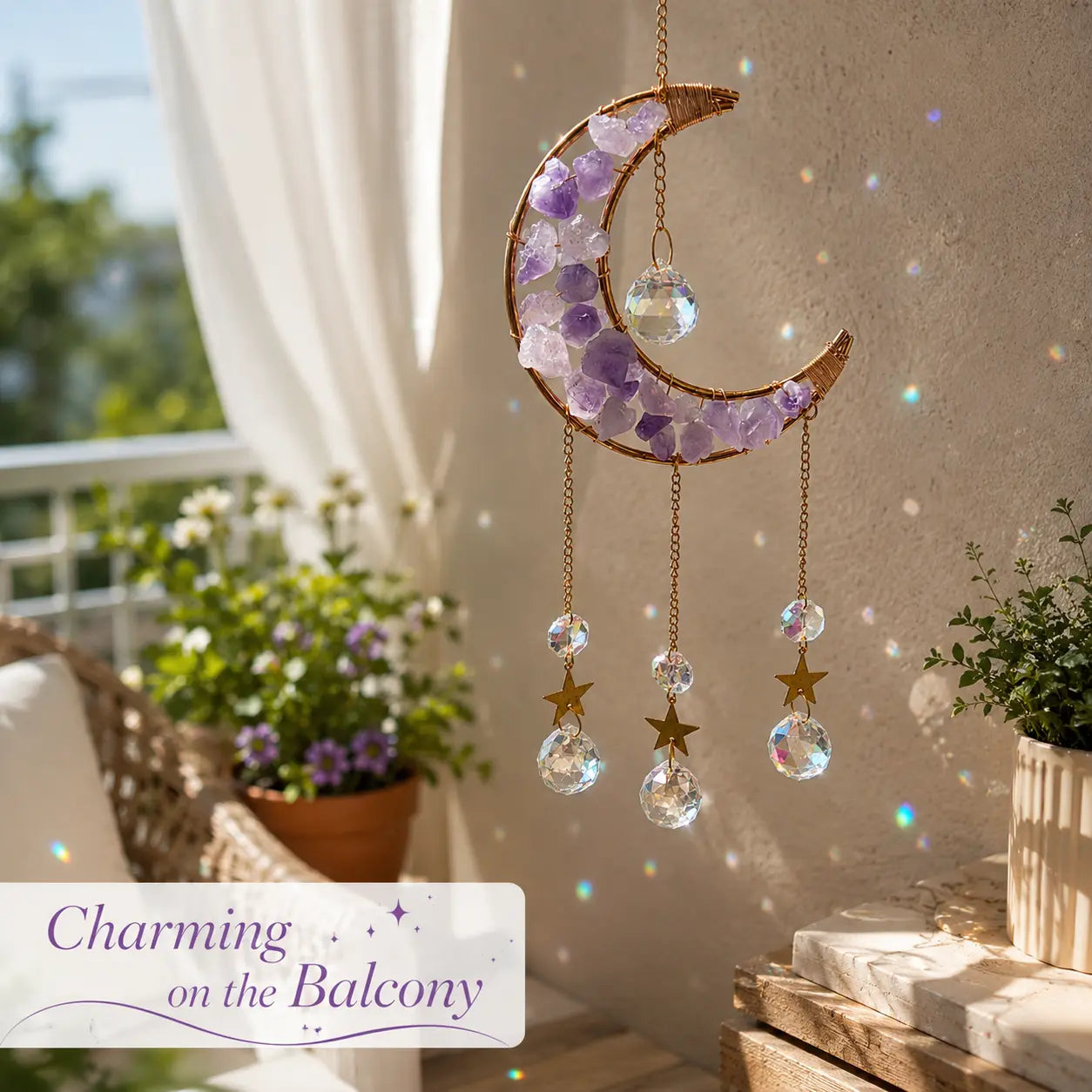 1 Pcs Handmade Amethyst Moon Frame Crystal Sun Catcher, Decorative Hanging Home Decor with Sunlight Light Refraction, Natural Rainbow & Dreamy Light Shadow Effect, Bless Gift for Indoor-Outdoor Use