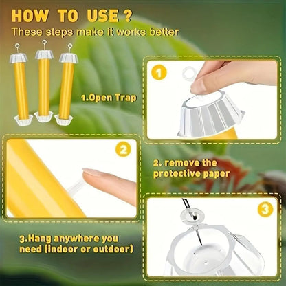 3-Pack Ultra-Adhesive Hanging Fly Traps, Garden Orchard Pest Control Sticks, Indoor Outdoor Use, Effective Fruit Fly Management