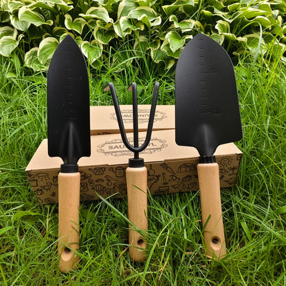 3 Piece Garden Tools Gift Minimalism Gardening Tool Set with Wood Handle, Succulent Plant Transplant Trowel, 3 Pieces Include 1 Narrow Trowel,1 Wide Trowel and 1 Garden Rake