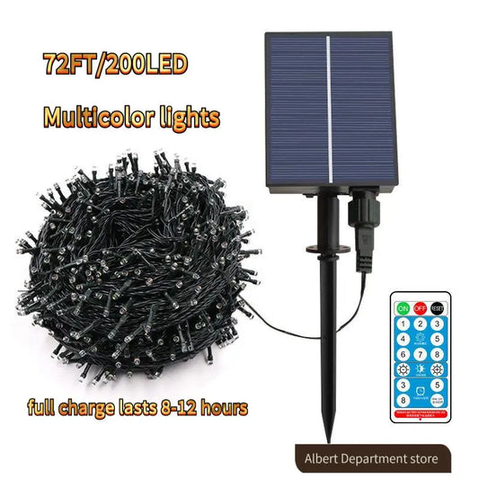 Outdoor Solar Christmas String Lights - 72FT 200LED Multicolor, IP65 Waterproof, 8 Lighting Modes, Auto On/Off, Built-In Memory Chip, Ideal for Camping, Hiking, Garden, Patio, and Holiday Decor, Energy Efficient Solar Lighting Solutions