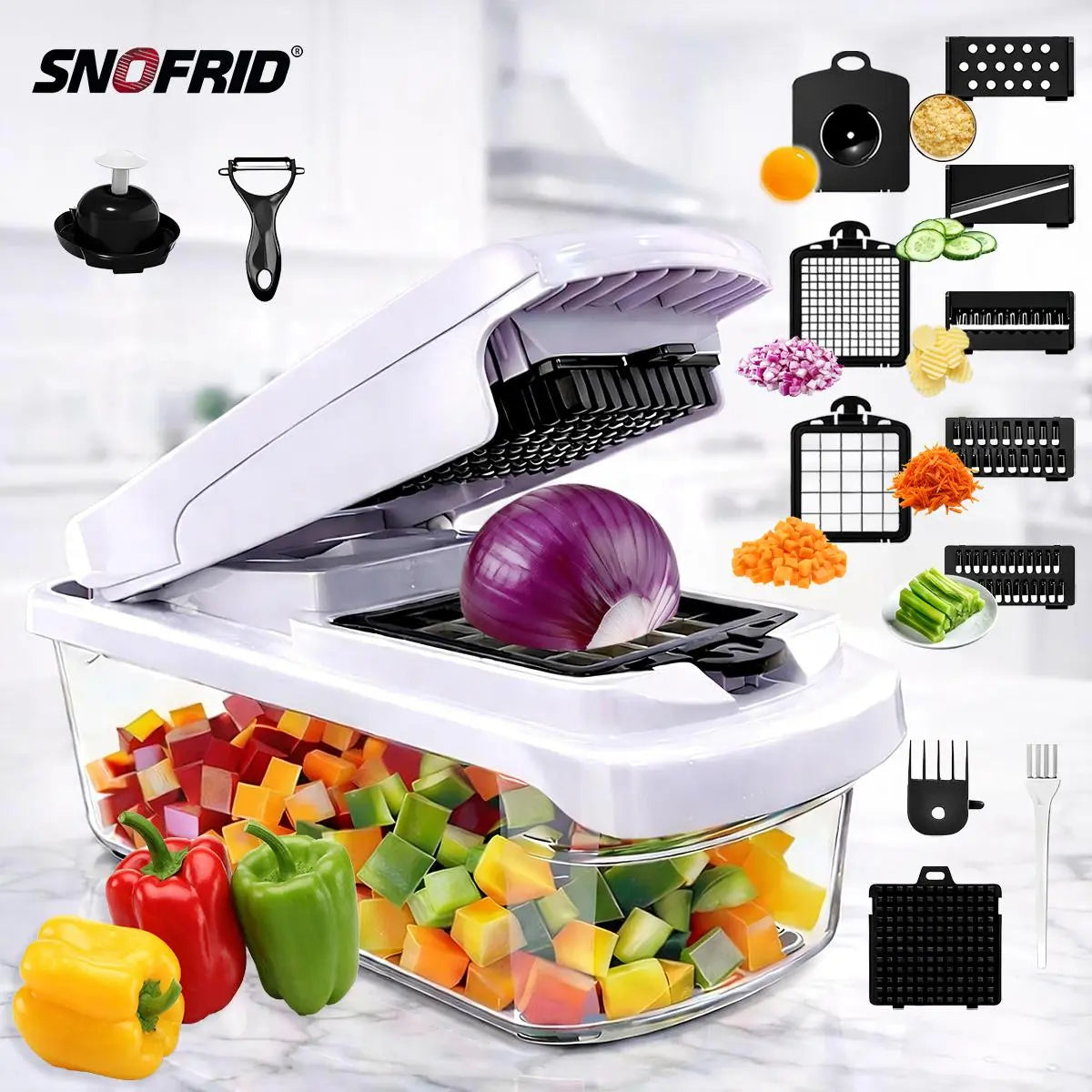 【Dealsforyoudays】Snofrid Vegetable Chopper,15-In-1 Multifunctional Food Chopper,Professional Onion Chopper with 8 Blades,Vegetable Cutter with Container for Salad,Potato,Carrot,And Garlic; Essential Kitchen Tool