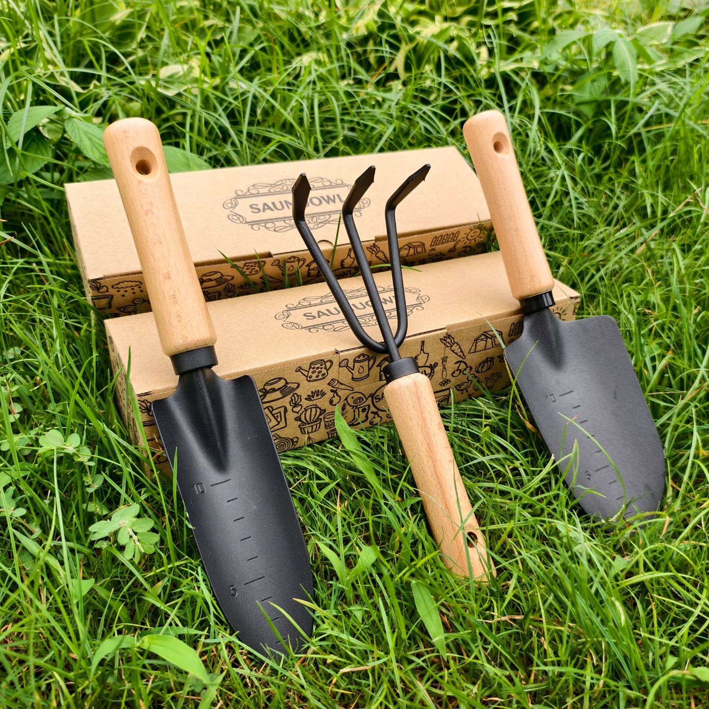 3 Piece Garden Tools Gift Minimalism Gardening Tool Set with Wood Handle, Succulent Plant Transplant Trowel, 3 Pieces Include 1 Narrow Trowel,1 Wide Trowel and 1 Garden Rake
