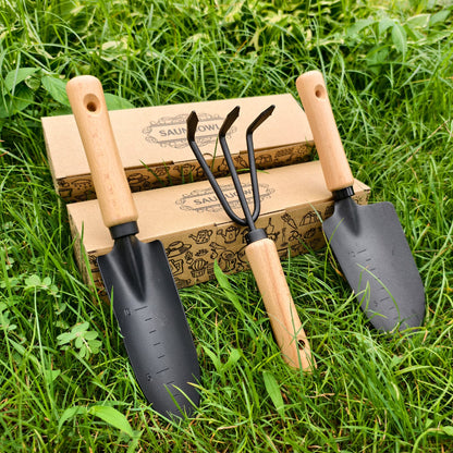 3 Piece Garden Tools Gift Minimalism Gardening Tool Set with Wood Handle, Succulent Plant Transplant Trowel, 3 Pieces Include 1 Narrow Trowel,1 Wide Trowel and 1 Garden Rake