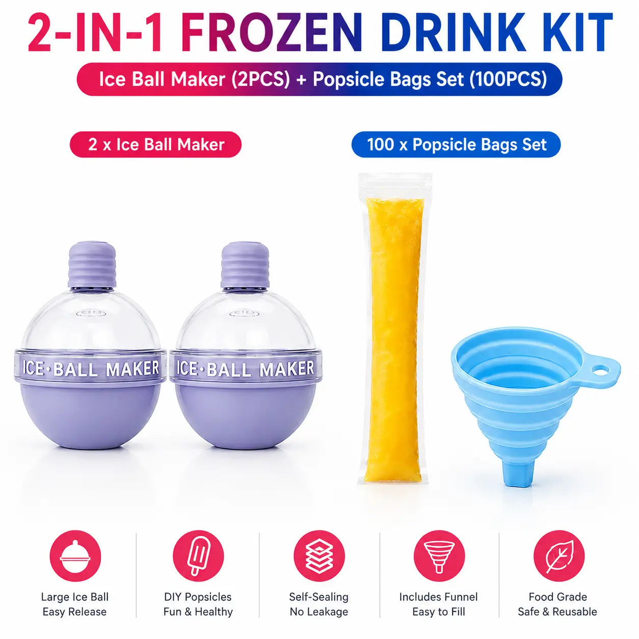 100-Pack Value Disposable Popsicle Mold Bags - Leakproof Zip-Seal Freezer Tubes with Silicone Funnel, Kitchen Utensil for Freezing Juice, Freezer Safe Lolly & Ice Cream Moulds