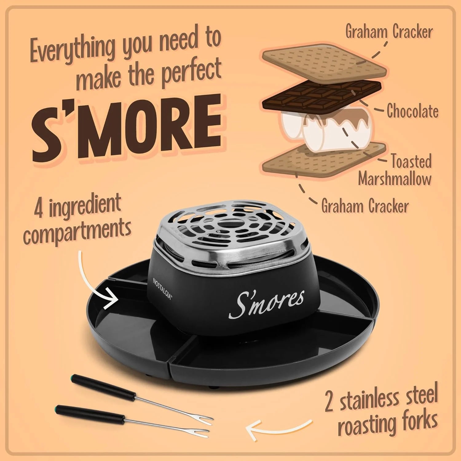 Indoor Smores Maker Smores Kit, Electric Smore Maker with 4 Marshmallows Roasting Forks, Black