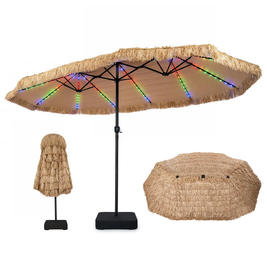 COSTWAY 15 FT Solar Double-Sided Tiki Patio Umbrella with Base, Hawaiian Style Thatched Market Umbrella Featuring 144 Multi-Colored LED Lights, 12 Modes, Crank Handle, and 12 Ribs for Outdoor Use in Pool, Deck, Garden, and Backyard