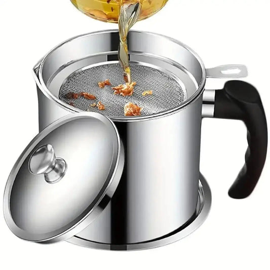 Modern Stainless Steel Oil Dispenser with Tray and Lid, Includes Filter - Versatile Bacon Grease Container and Cooking Oil Can for Kitchen Use