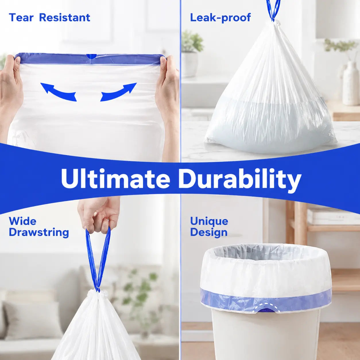 4-Gal Medium Drawstring Trash Bags, Thick Stretchy Leak-Proof Polyethylene Garbage Bags for Home & Office Trash Cans, 50-Count Pack